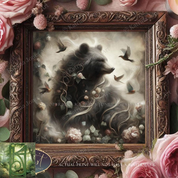 a painting of a bear surrounded by flowers