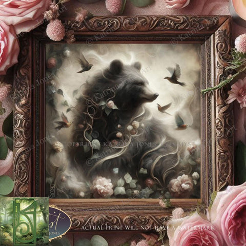 a painting of a bear surrounded by flowers