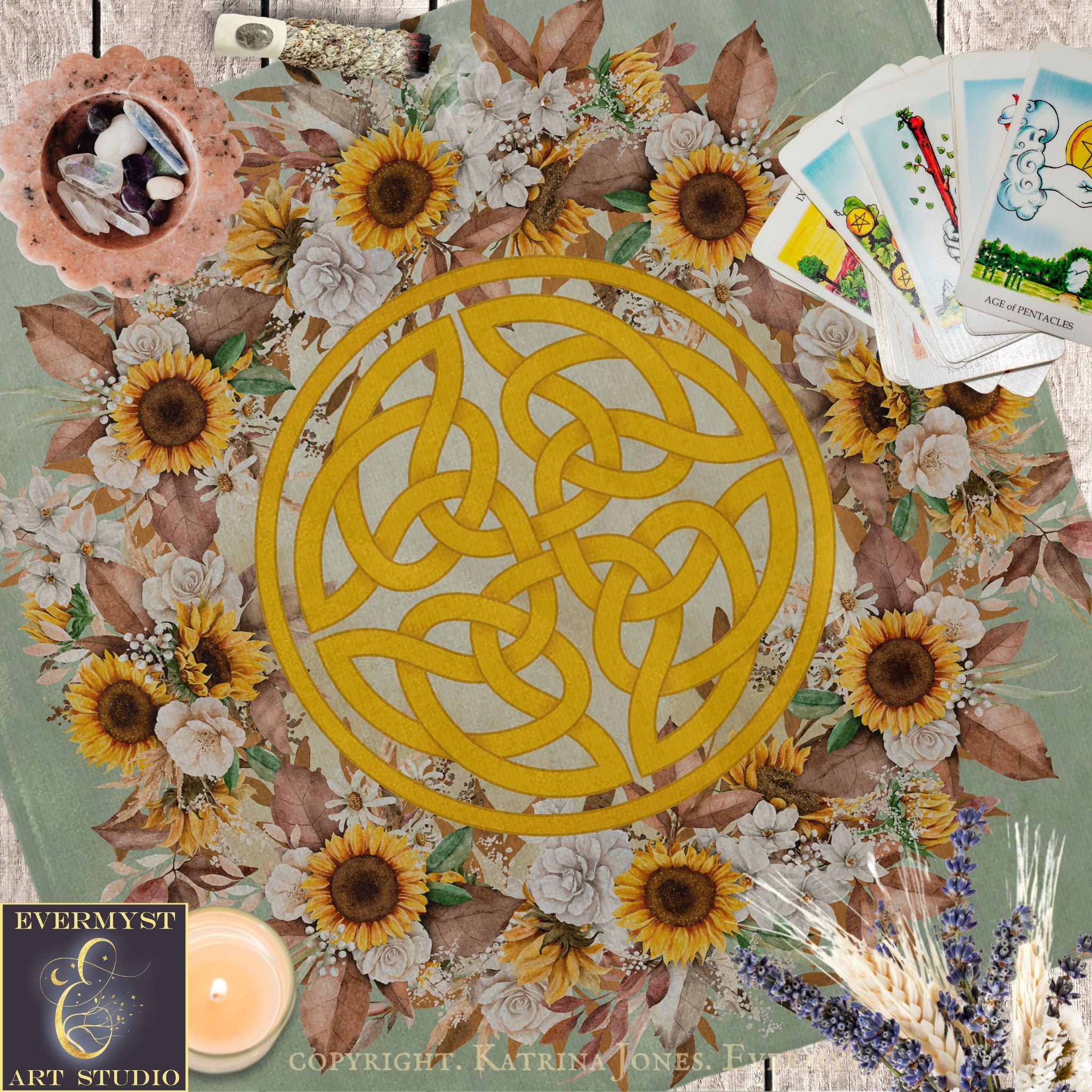 The image is a vibrant and colorful collage featuring a Celtic knot design surrounded by sunflowers, flowers, and tarot cards.