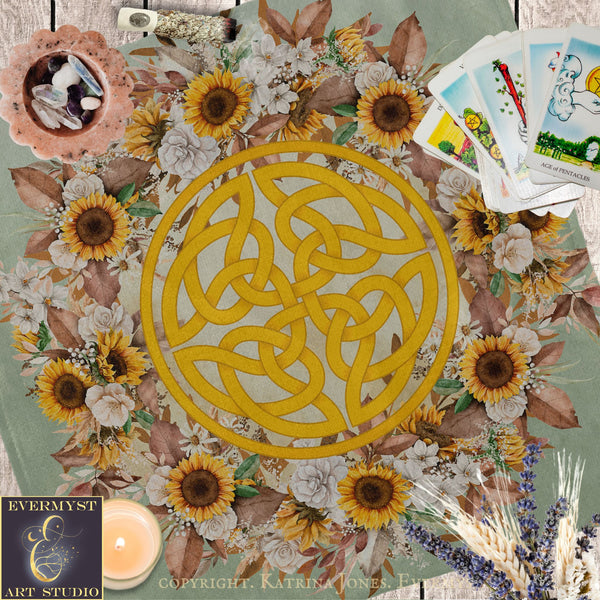 The image is a vibrant and colorful collage featuring a Celtic knot design surrounded by sunflowers, flowers, and tarot cards.