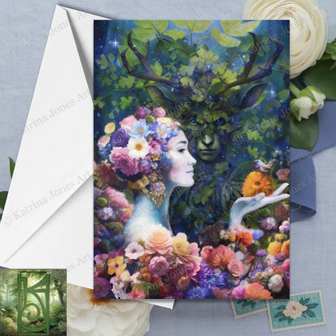 Beltane May Queen Green Man Horned God Pagan Greeting Card Stationary Set Notecards