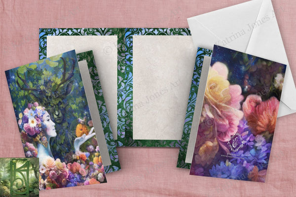 Beltane May Queen Green Man Horned God Pagan Greeting Card Stationary Set Notecards