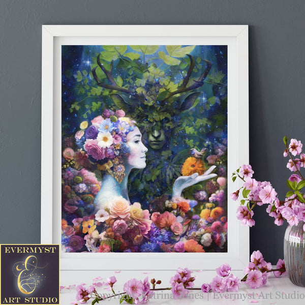 Beltane Wedding Art Print - May Queen And Horned God Pagan Fantasy Wall Decor