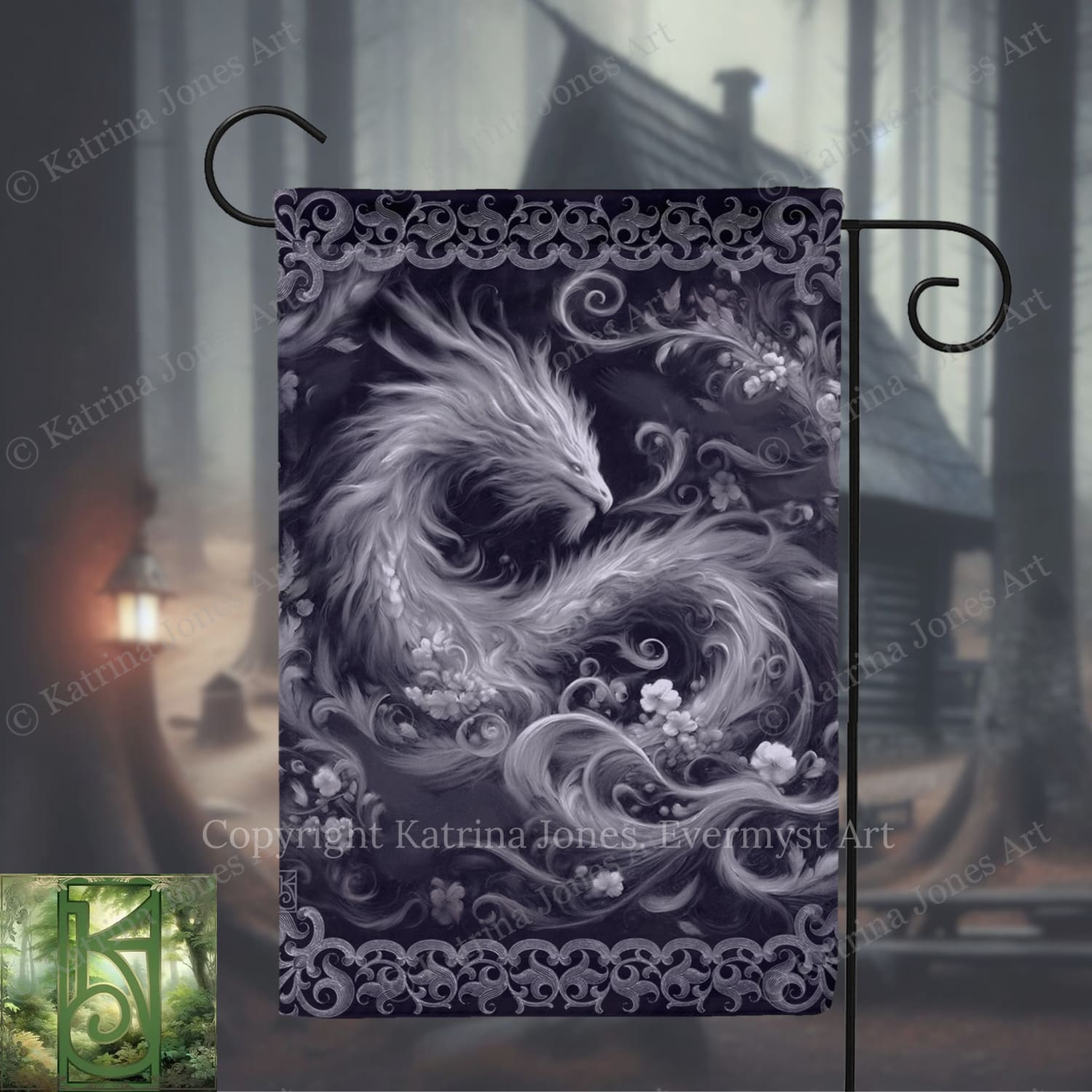 A detailed illustration of a dragon-like creature with flowing, ethereal wings and a fierce expression, set against a dark, moody background with a house and trees visible in the distance.