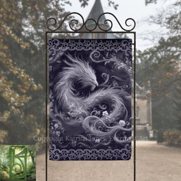 a large, intricate dragon design with flowing, ethereal wings and a fierce expression, set against a dark background with floral elements.