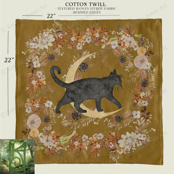 a black cat walking on a crescent moon, surrounded by a floral wreath.