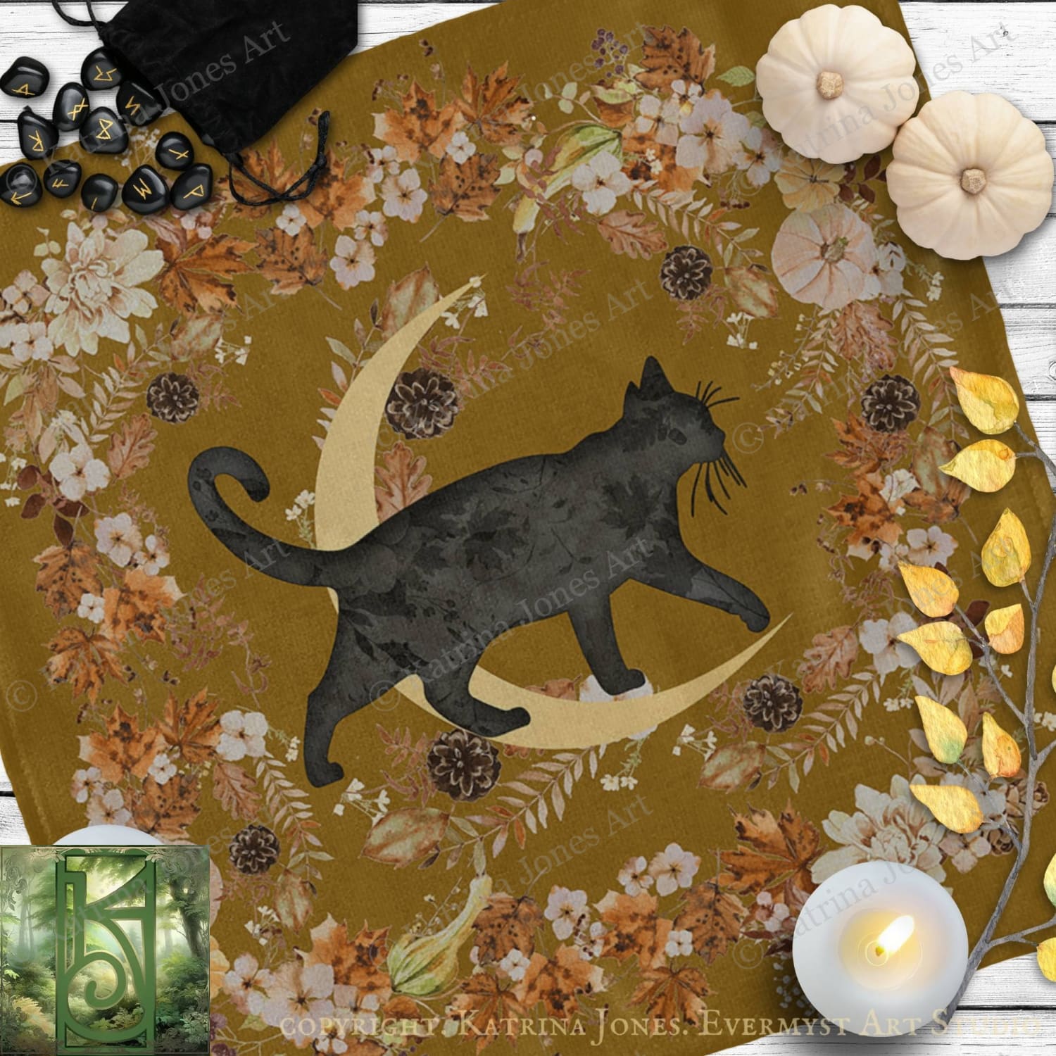 a black cat silhouette against a floral background, with a crescent moon and autumn leaves scattered around.