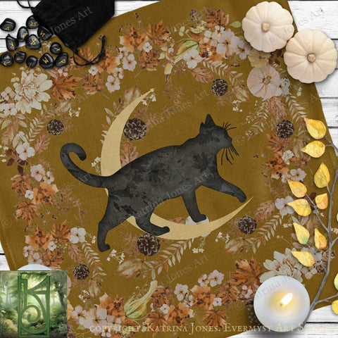 a black cat silhouette against a floral background, with a crescent moon and autumn leaves scattered around.