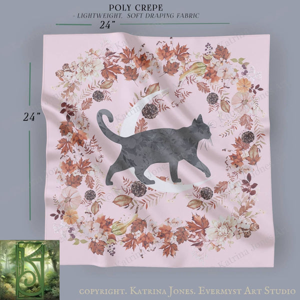 The image is a square with a floral design featuring a cat and a crescent moon. The cat is depicted in a black silhouette against a background of autumn leaves and flowers. The image is described as a "24" by "24" square, and it is a "24" by "24" square. The image is a part of a larger collection of images, and it is copyrighted by "Katrina Jones, Evermyst Art Studio".