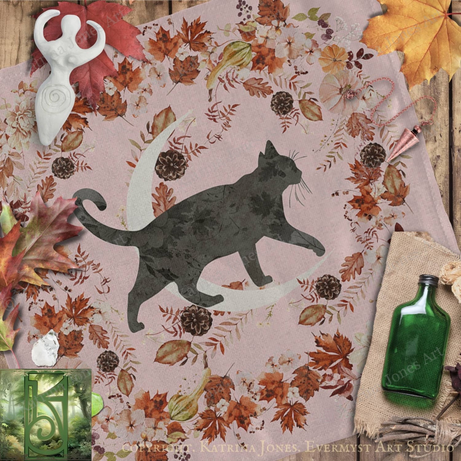 a black cat silhouette against a floral background, surrounded by autumn leaves and a crescent moon.