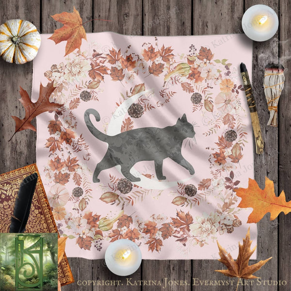 a cat silhouette against a floral background, surrounded by autumn leaves, candles, and other autumn-themed items.