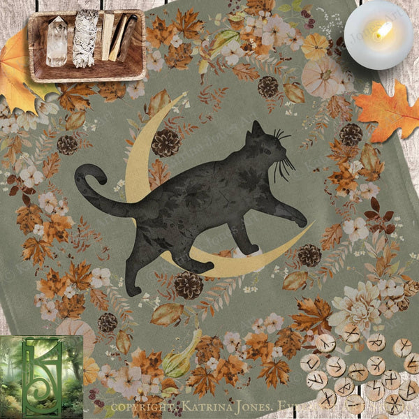 a black cat silhouette against a floral background, surrounded by autumn leaves and pine cones.