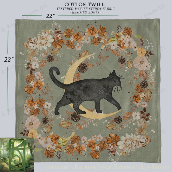 The image is a square with a black cat silhouette on a floral background, surrounded by autumn leaves and flowers.