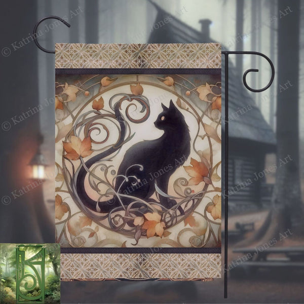 a black cat sitting on top of a wooden plaque