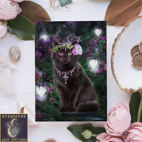 Black Cat Greeting Card Fantasy Mystical Animal