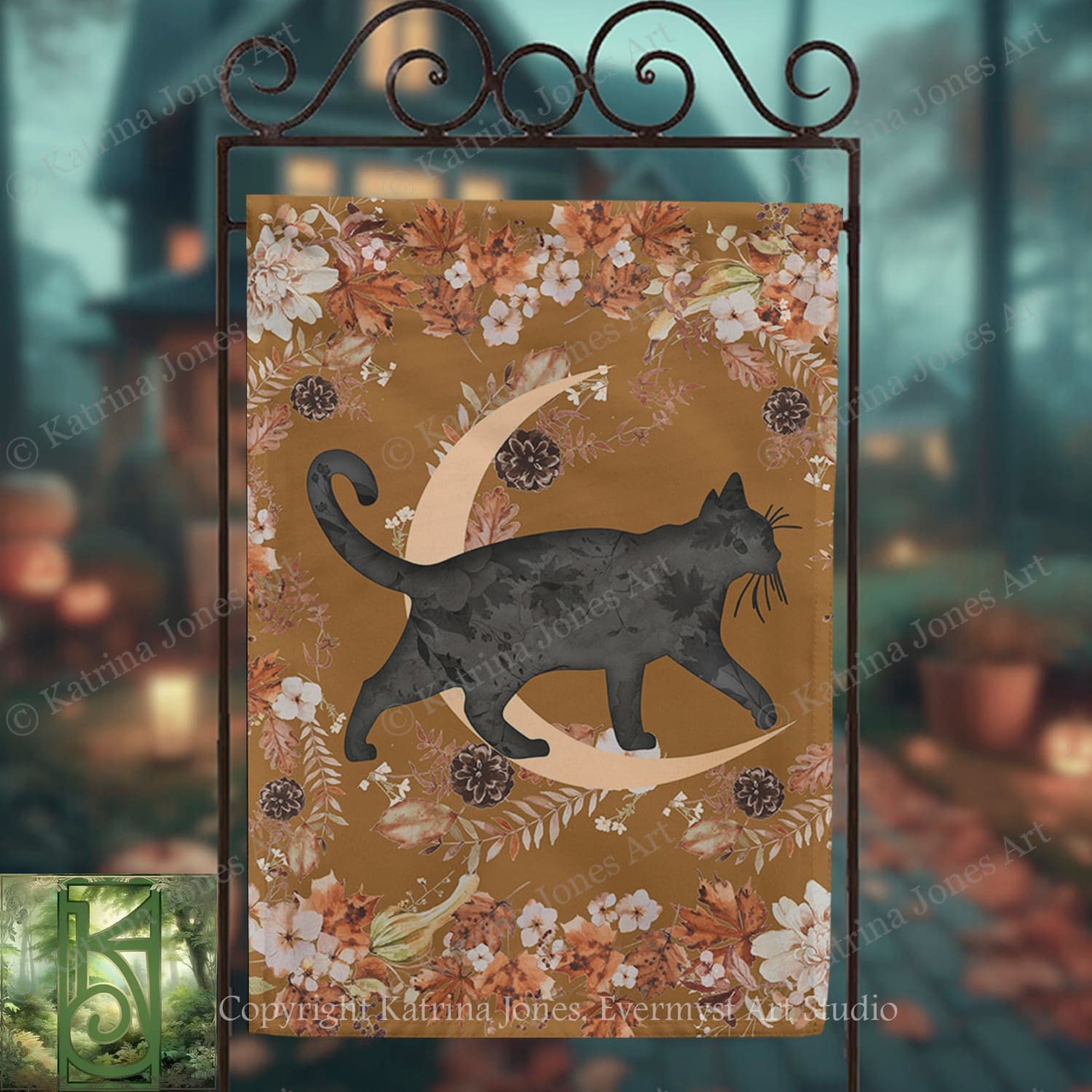 a black cat walking on a crescent moon, surrounded by autumn leaves and flowers.