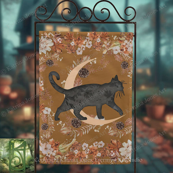 a black cat walking on a crescent moon, surrounded by autumn leaves and flowers.