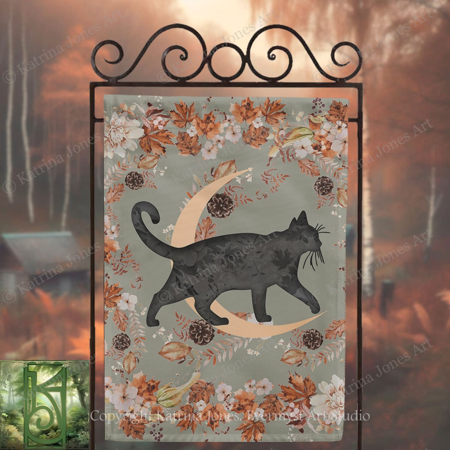 a black cat walking on a crescent moon, surrounded by autumn leaves and pine cones, with a blurred forest in the background.