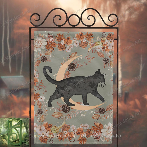 a black cat walking on a crescent moon, surrounded by autumn leaves and pine cones, with a blurred forest in the background.