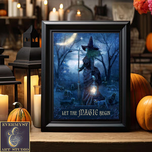 Black Cat Witch Art Print For Halloween Decor - Dark Night Witchy Painting 8 X 10 Paper