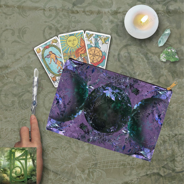 Black Purple Triple Moon Symbol Accessory Pouches Vintage Design Witch Wicca Pagan Decor Zippered