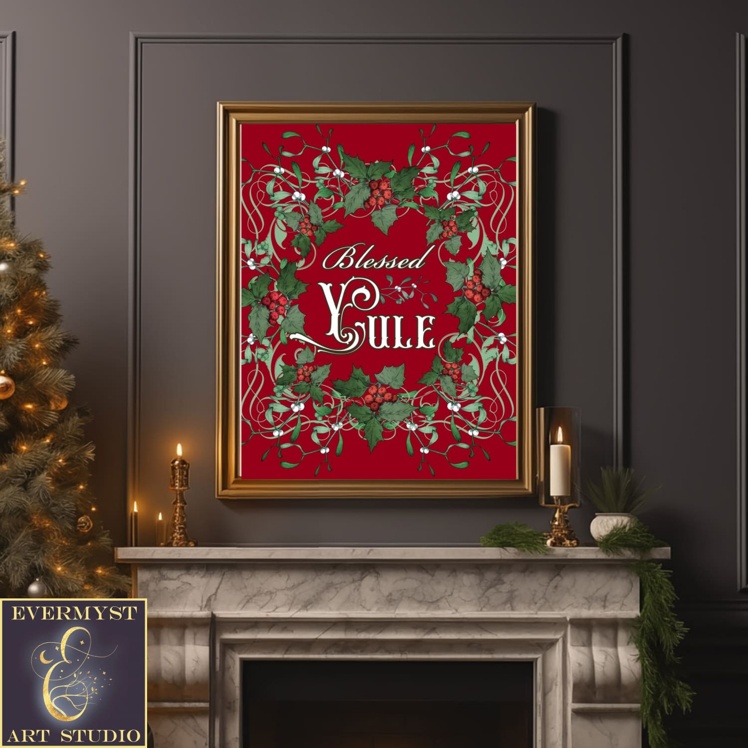 Blessed Yule Art Print Decoration - Pagan Altar Sign Canvas Paper Poster