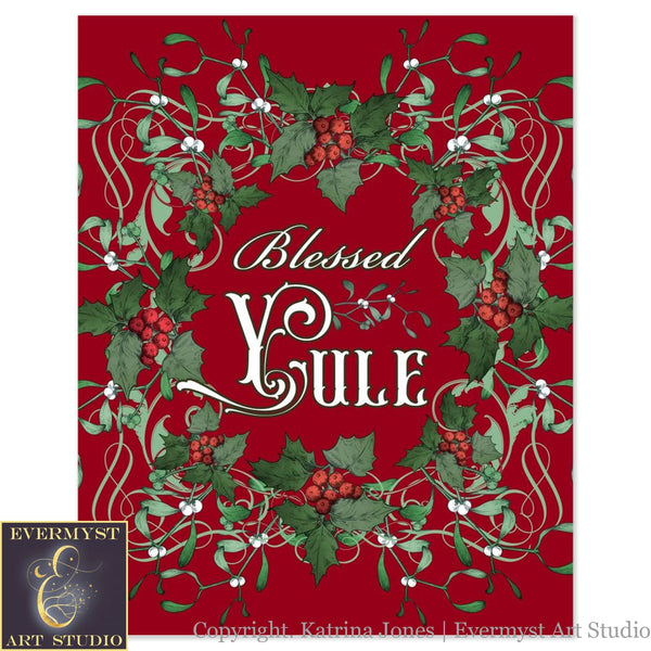 Blessed Yule Art Print Decoration - Pagan Altar Sign Canvas Paper Poster