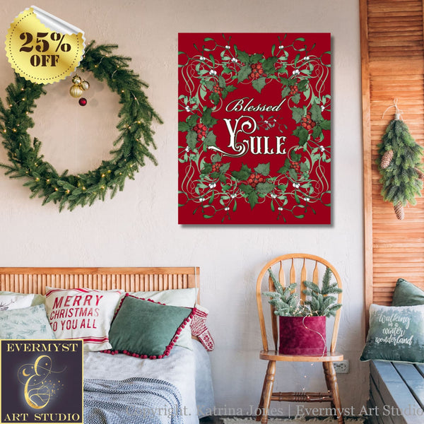 Blessed Yule Art Print Decoration - Pagan Altar Sign Canvas Paper Poster