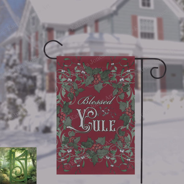 Blessed Yule Holly Red Garden Flag