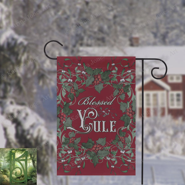 Blessed Yule Holly Red Garden Flag