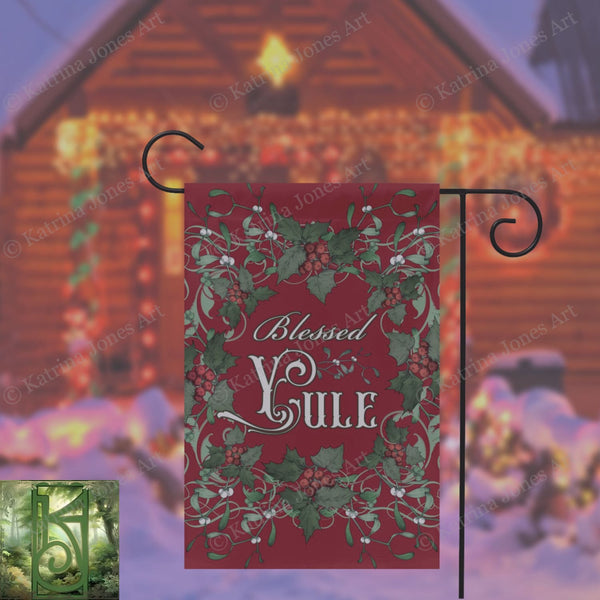 Blessed Yule Holly Red Garden Flag