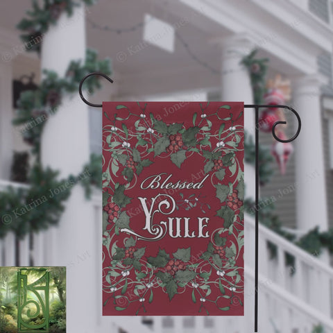Blessed Yule Holly Red Garden Flag