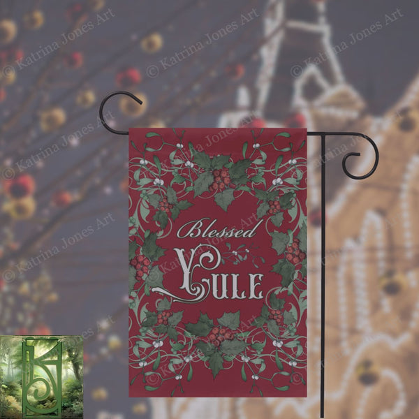 Blessed Yule Holly Red Garden Flag
