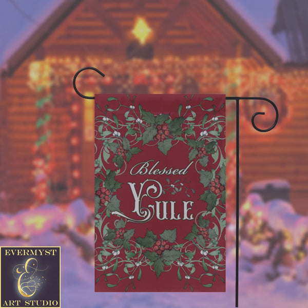 Blessed Yule Holly Red Garden Flag