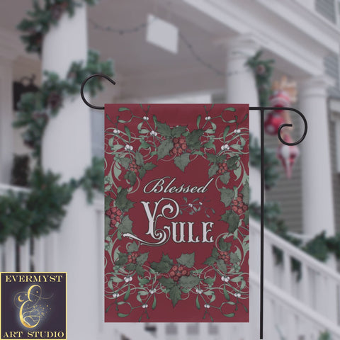 Blessed Yule Holly Red Garden Flag