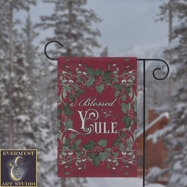 Blessed Yule Holly Red Garden Flag