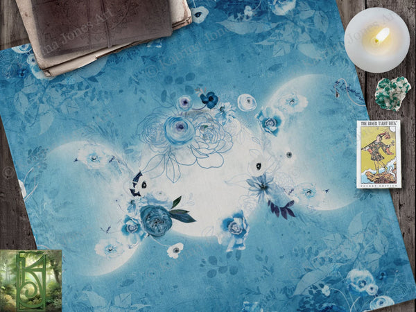 Blue Triple Moon Tarot Altar Cloth - Witch Wicca Pagan Decor Square