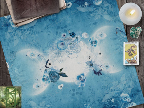 Blue Triple Moon Tarot Altar Cloth - Witch Wicca Pagan Decor Square