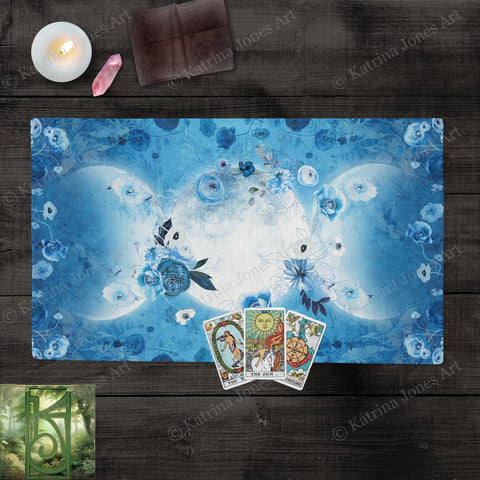 Blue Triple Moon Flowers Altar Cloth - Pagan Wicca Decoration For Tarot Readings Rec