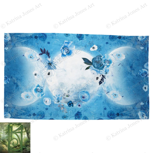 Blue Triple Moon Flowers Altar Cloth - Pagan Wicca Decoration For Tarot Readings Cotton Twill Rec