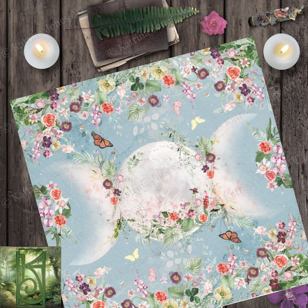 Garden Floral Triple Moon Altar Cloth - Beltane Summer Tarot Square