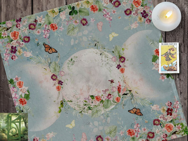 Garden Floral Triple Moon Altar Cloth - Beltane Summer Tarot 22X22 Inch Twill Square