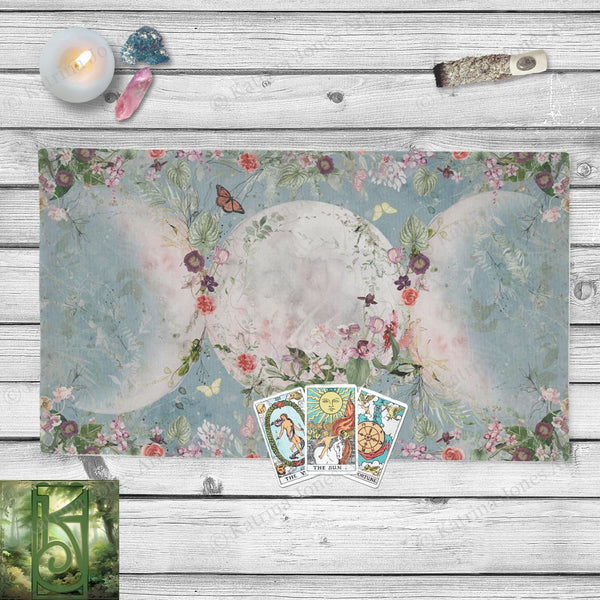 Floral Triple Moon Altar Cloth - Litha Solstice Tarot Mat For Decor Rec