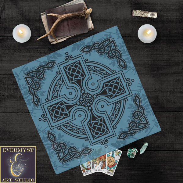 Blue Celtic Altar Tarot Cloth With Tribal Knotwork Designs Square