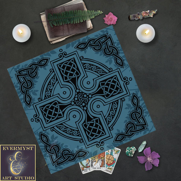 Blue Celtic Altar Tarot Cloth With Tribal Knotwork Designs Square