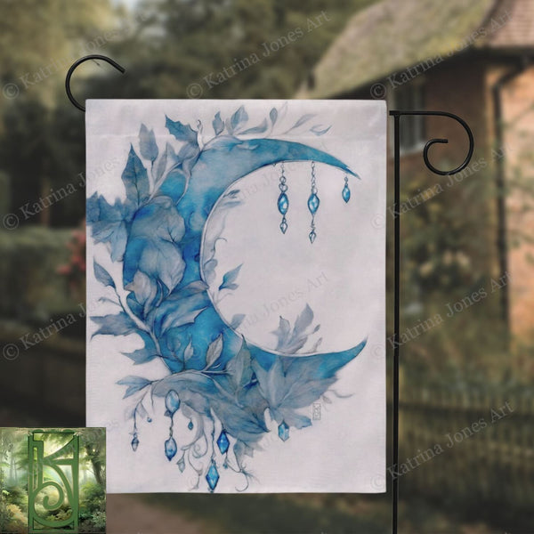 a painting of a blue moon with leaves on it