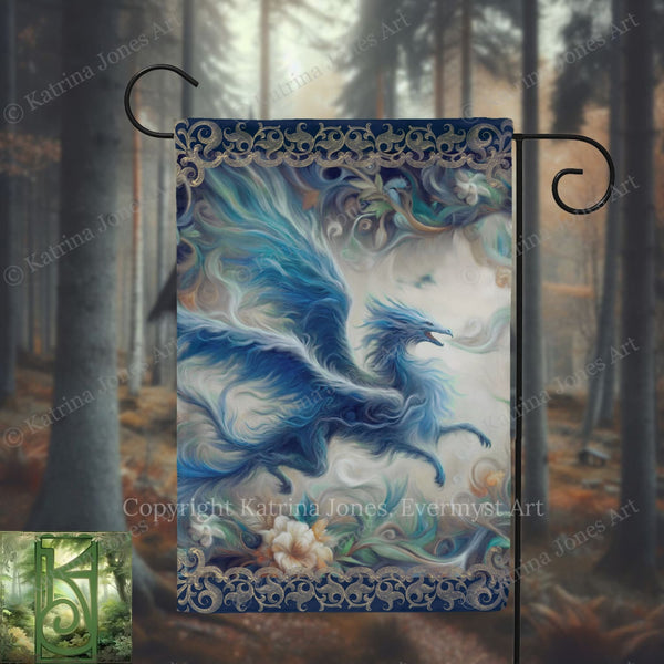 A banner featuring a fantastical blue dragon with flowing wings and a fierce expression, set against a forest backdrop.