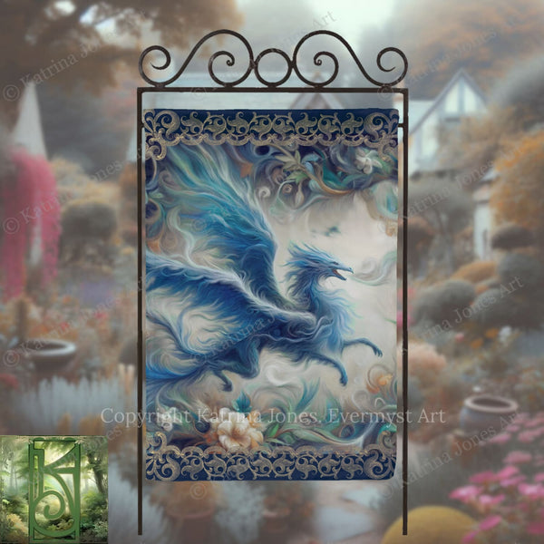 a large, ornate banner with a blue dragon design, set against a blurred garden background with flowers and foliage.
