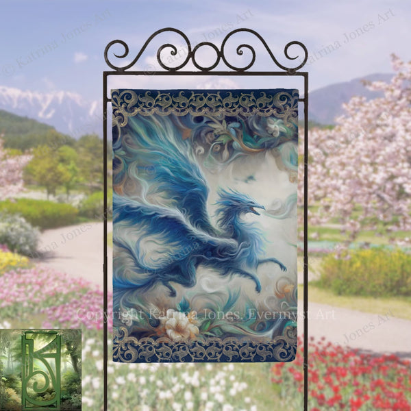 a large, colorful dragon-like creature with flowing, blue and green wings, set against a backdrop of a garden with blooming flowers and a winding path.