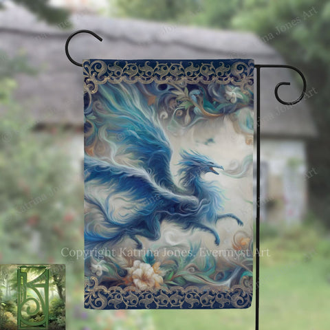 A banner featuring a blue dragon with flowing wings and a flowing mane, set against a background of swirling patterns and flowers.